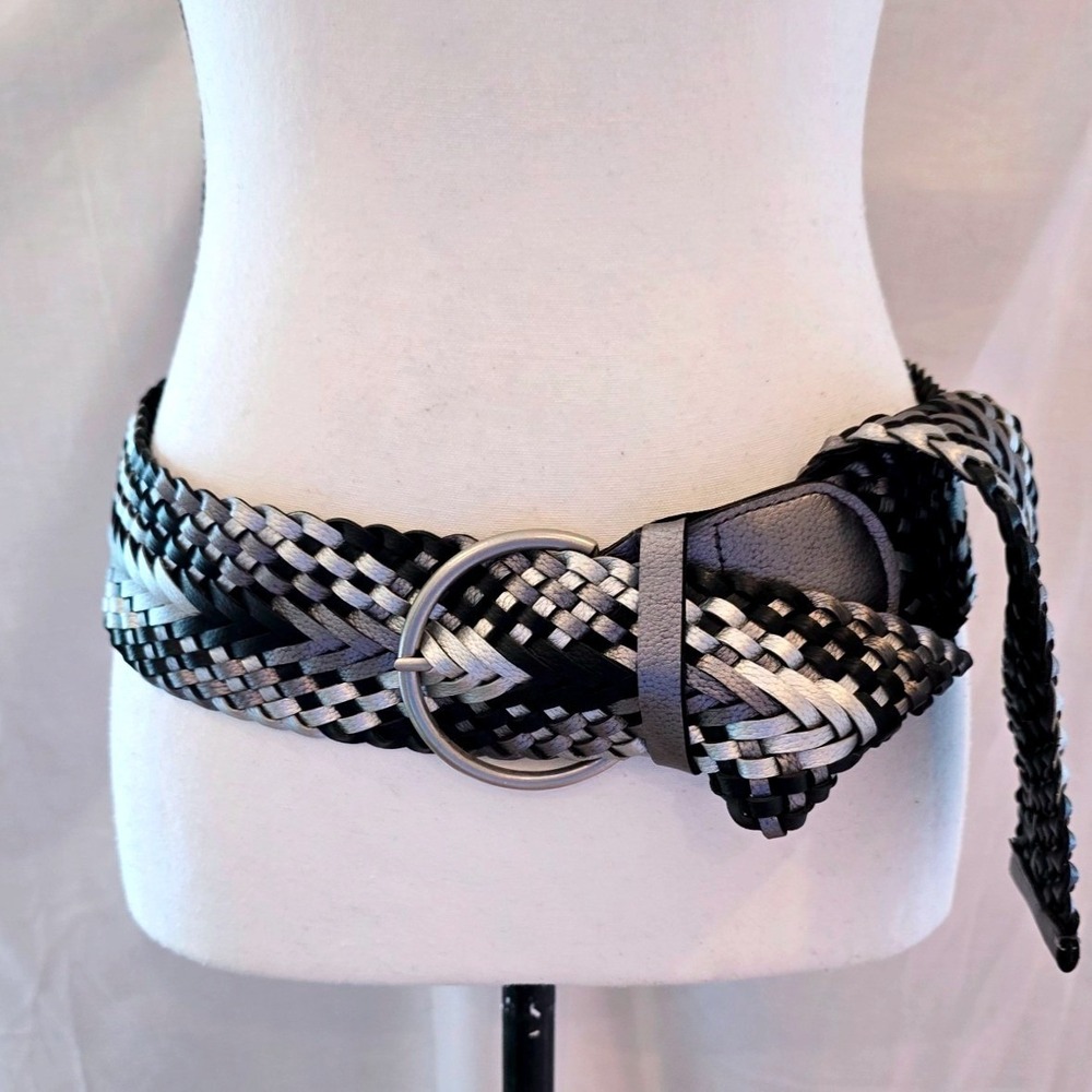 Vintage 80s 90s Woven Braided Belt Metallic Silver Black Chevron Wide Boho 46"